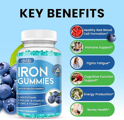 Iron Gummies with Multivitamin, Iron Supplement for Women & Men with Zinc, Vitamin B Complex & C, B12, Folate - Blood Builder & Energy Support for Adults & Kids - Blueberry Flavor, Vegan 60 Gummies