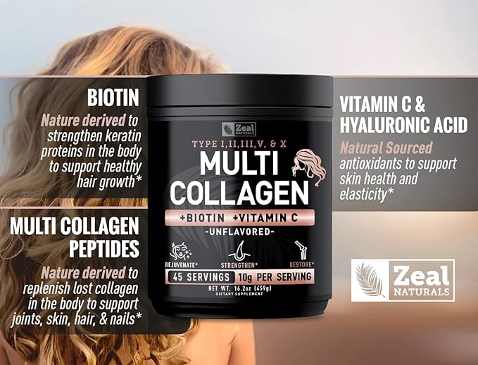 Premium Multi Collagen Peptides Protein Powder (1, 2, 3, 5 & 10) with Vitamin C, Biotin, Hyaluronic Acid, for Hair Skin and Nails - Marine, Bovine, Chicken & Eggshell (Unflavored, 45 Servings)