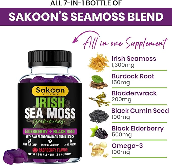 Sakoon nutrition Irish Sea Moss Gummies w/Elderberry & Black Seed Oil - Beauty, Joints & Immune Support | Rich in Vitamins, Raspberry Flavor | 60 Gummies