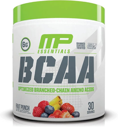 MusclePharm Essentials BCAA Powder, Pre & Post Workout Recovery Drink, Supports Muscle Recovery & Energy, Essential Amino Acids, 30 Serv, Fruit Punch