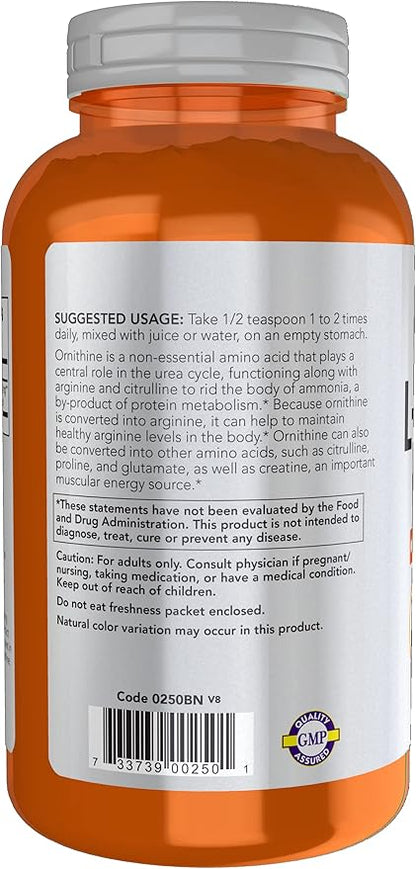 NOW Sports Nutrition, L- Ornithine Powder, Protein Metabolism* and Urea Detox*, Amino Acids, 8-Ounce (Pack of 2)