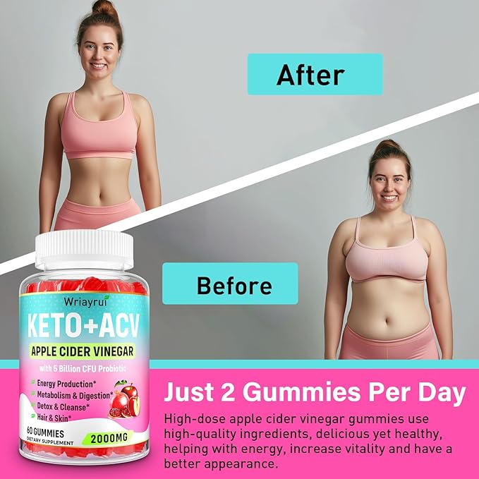 Apple Cider Vinegar Gummies, Fast Ripped Keto ACV Gummies, Max Strength 2000mg, Formulated with Green Tea, B6 & B12, Probiotics, ACV Gummies for Metabolism, Digestion, Detox & Cleanse, 120 Gummies