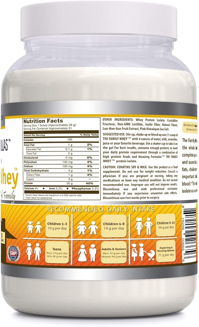 Amazing Formulas The Family Whey Protein (Isolate) Powder for The Whole Family - 2 lbs - Most Complete & Purest Form of Protein - Gluten Free (Banana)