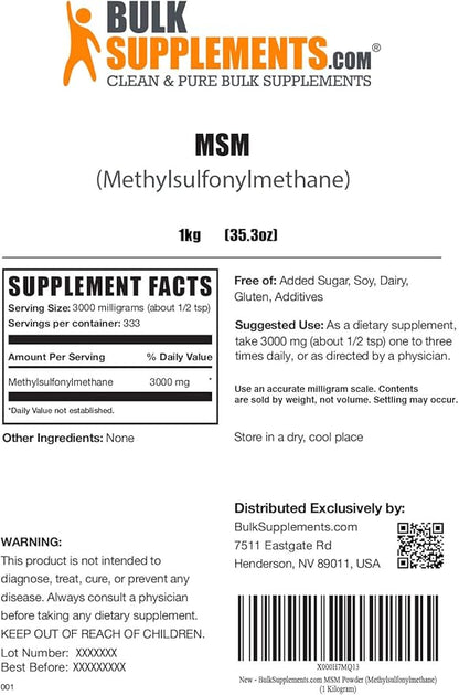 BulkSupplements.com MSM Powder - Methylsulfonylmethane, MSM Supplement - MSM Pure Powder, MSM 3000mg - for Joint Health, Gluten Free, 3000mg per Serving, 5kg (11 lbs) (Pack of 5)