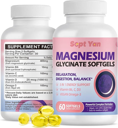 Magnesium Glycinate Softgels, with Vitamin B6, C, D3, Omega-3 | Highly Absorbable Magnesium Supplement for Calm, Muscle & Sleep Support | Easy to Swallow Soft Gels for Women & Men Vegan | 60 Count
