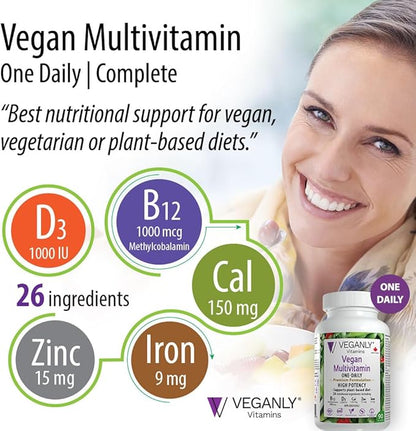 Vegan Multivitamin One-Daily, (90 Veg Tablets). Complete Vegan Nutrition Support for Plant-Based, Vegan or Vegetarian Diets. 26 Essentials with High Potency in B12 & D3.