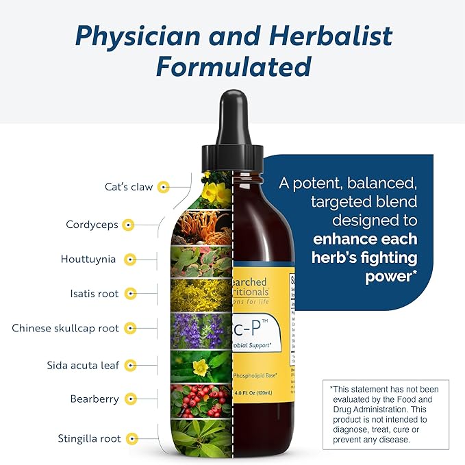 Researched Nutritionals Myc-P - Targeted Microbial Support - Cat's Claw, SIDA Acuta, Houttuynia, Chinese Skullcap, Bearberry - Vegan Herb Extract for Immune & Cleanse Detox Support (4 Fl Oz)