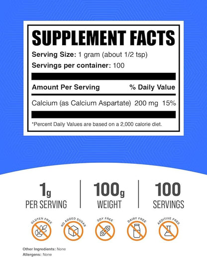 BulkSupplements.com Calcium Aspartate Powder - Calcium Supplement Powder, Calcium Aspartate 200mg - Gluten Free, 1000mg (200mg Calcium) per Serving, 100g (3.5 oz) (Pack of 1)