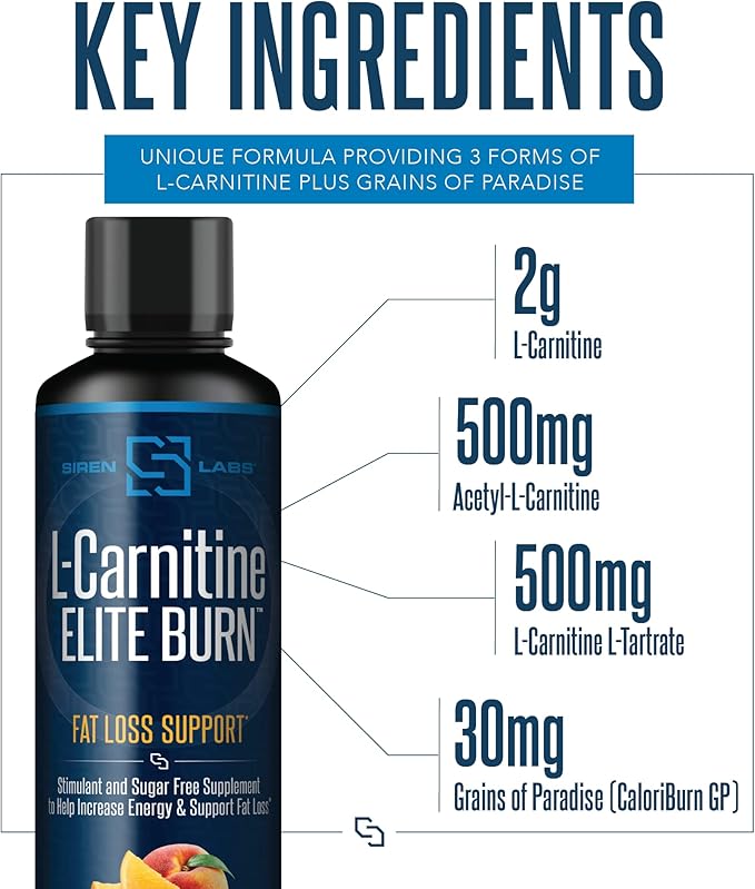 Siren Labs L-Carnitine Elite Burn Liquid Keto Fat Burner and Metabolism Activator - Fat Loss Support Keto Friendly Weight Loss Increase Energy-Stimulant Free - Malibu Beach Blast 3000mg (32 Servings)