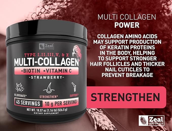 Premium Multi Collagen Peptides Protein Powder (1, 2, 3, 5 & 10) with Vitamin C, Biotin, Hyaluronic Acid, for Hair Skin and Nails - Marine, Bovine, Chicken & Eggshell (Strawberry, 45 Servings)