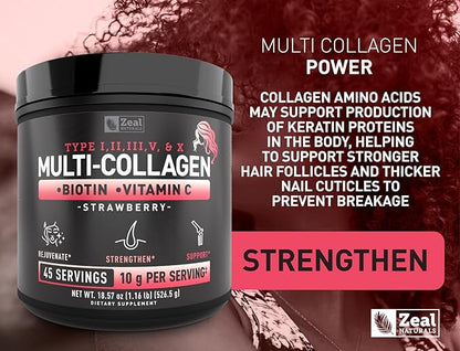 Premium Multi Collagen Peptides Protein Powder (1, 2, 3, 5 & 10) with Vitamin C, Biotin, Hyaluronic Acid, for Hair Skin and Nails - Marine, Bovine, Chicken & Eggshell (Strawberry, 45 Servings)