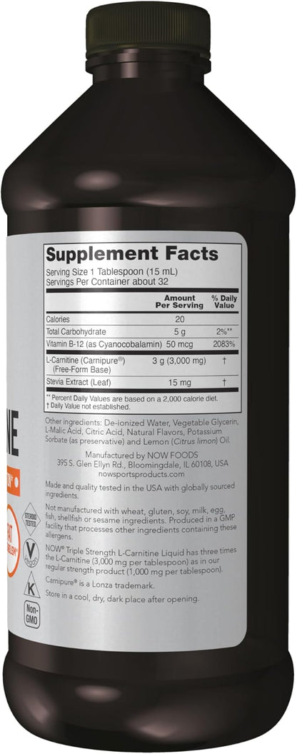 NOW Sports Nutrition, L-Carnitine Liquid, Triple Strength 3000 mg, Citrus, 16-Ounce