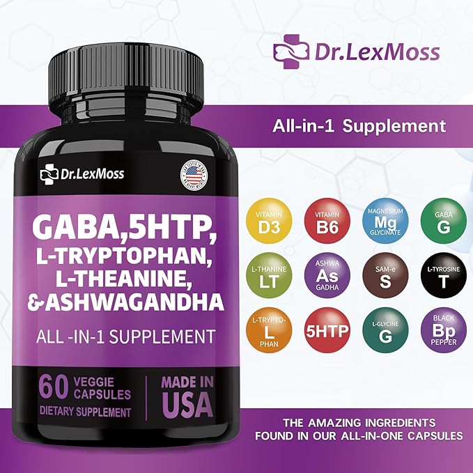GABA 750mg 5 HTP 200mg L Tryptophan 500mg L Theanine 200mg Ashwagandha 3000mg SAM-e L-Glycine Mood Support Vitamins for Women and Men with L-Tyrosine Made in USA 60 Count