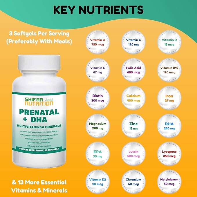 Halal Prenatal Vitamins with DHA and Folic Acid | High Potency 90 Softgels, Keto-Friendly | Vitamin C 120mg, DHA 250mg, Folic Acid 800mg, EPA 90mg, Biotin & Iodine