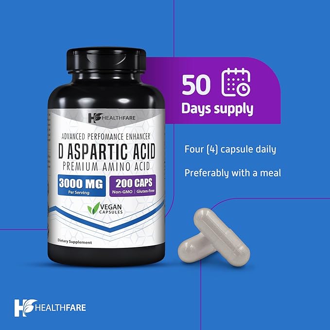 D-Aspartic Acid (DAA) 3000mg | 200 Capsules | DAA Premium Amino Acid | Non-GMO, Gluten Free Supplement