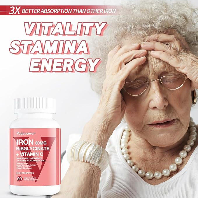 Iron Supplements for Women Men, Vegan Iron Bisglycinate 30mg Plus Vitamin C, B12, Folic Acid - Iron Pills for Anemia, Blood Builder & Energy Support - Gentle, High Absorption, Non-GMO - 90 Capsules