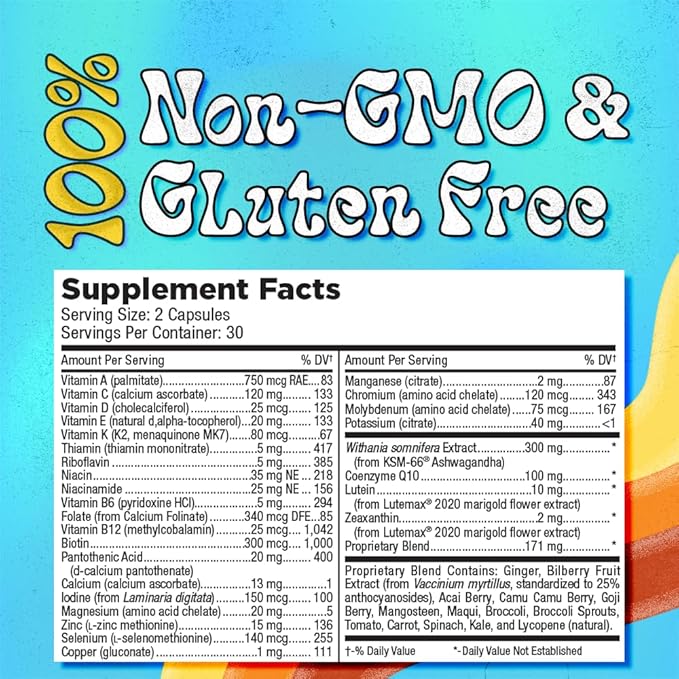 LUV Everyday™ Men’s 50+ Multivitamin - Adult Formula Daily Nutritional Support with Iron, Calcium, KSM-66 Ashwaganda, CoQ10, Lycopene, and Lutemax 2020- Vegetarian Gluten-Free & Non-GMO - 60 Capsules