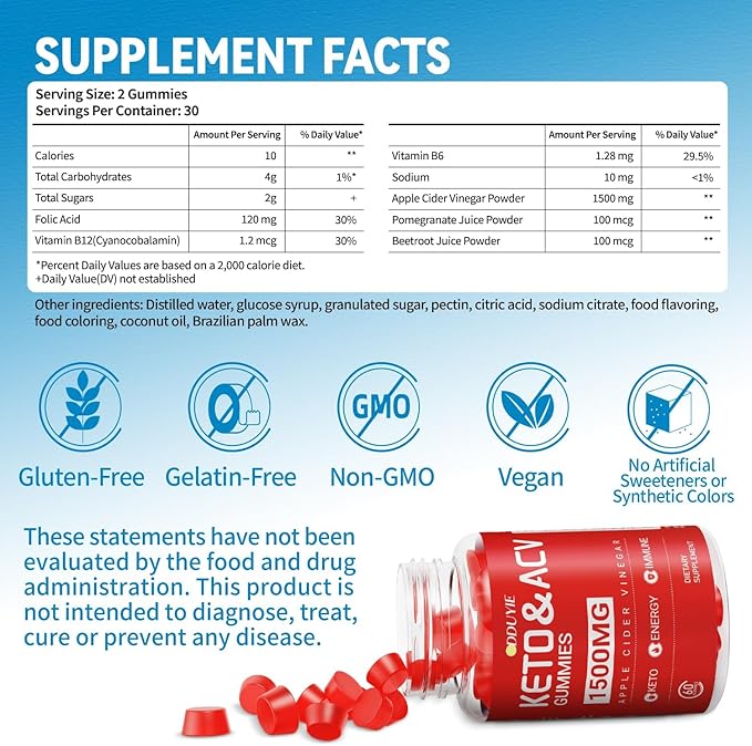 Brilhante Keto ACV Gummies - 1500mg Apple Cider Vinegar Gummies with Pomegranate Beetroot & Vitamin B12 B6 - for Men & Woman - GMO Free & Vegan - 60 Count