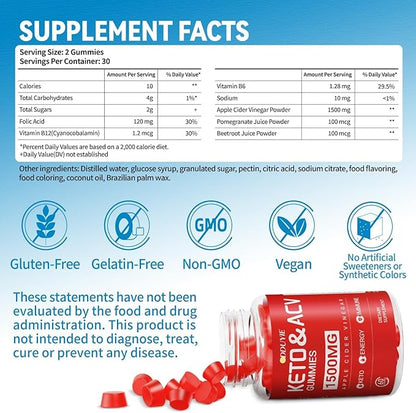 Brilhante Keto ACV Gummies - 1500mg Apple Cider Vinegar Gummies with Pomegranate Beetroot & Vitamin B12 B6 - for Men & Woman - GMO Free & Vegan - 60 Count