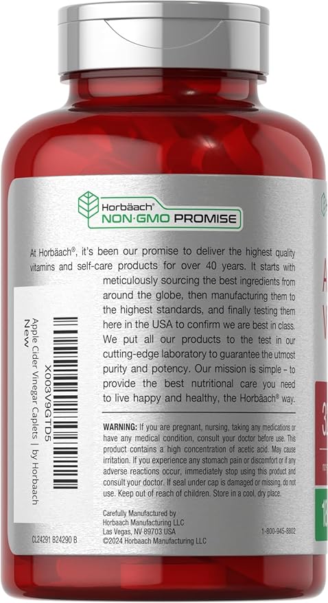 Horbäach Apple Cider Vinegar Caplets 3200mg | 180 Pills | Vegetarian, Non-GMO & Gluten Free Supplement