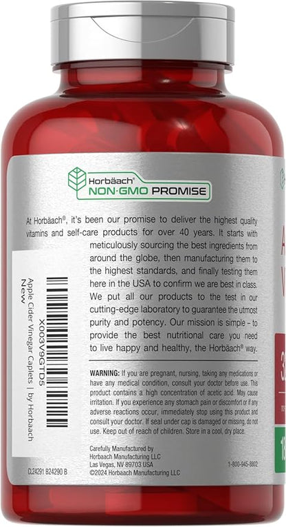 Horbäach Apple Cider Vinegar Caplets 3200mg | 180 Pills | Vegetarian, Non-GMO & Gluten Free Supplement