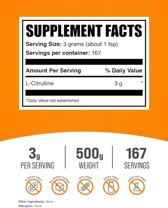 BulkSupplements.com L-Citrulline Powder - Citrulline Supplement, Citrulline Powder - L-Citrulline 3000mg, Unflavored & Gluten Free - 3g per Servings, 500g (1.1 lbs) (Pack of 1)
