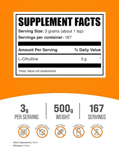 BulkSupplements.com L-Citrulline Powder - Citrulline Supplement, Citrulline Powder - L-Citrulline 3000mg, Unflavored & Gluten Free - 3g per Servings, 500g (1.1 lbs) (Pack of 1)