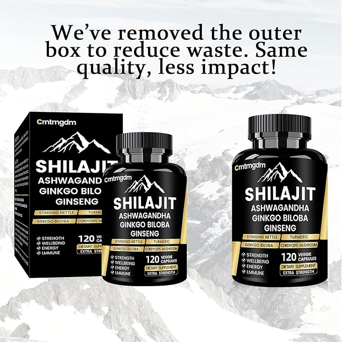 Shilajit Capsules - 20,000mg Pure Himalayan Organic Shilajit for Men & Women with Ashwagandha, Supports Vitality and Wellness, Premium Shilajit Pure Himalayan Supplement, 120 Capsules