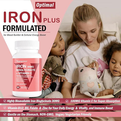 Iron Supplements for Women Men, Vegan Iron Bisglycinate 30mg Plus Vitamin C, B12, Folic Acid - Iron Pills for Anemia, Blood Builder & Energy Support - Gentle, High Absorption, Non-GMO - 90 Capsules