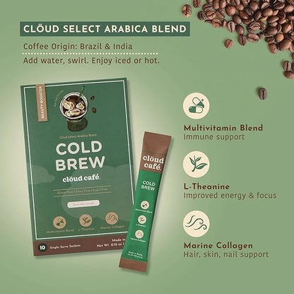 Clöud Café Collagen Infused Cold Brew Instant Coffee Packets - Hyaluronic Acid, Multivitamin Powder, & Marine Collagen Single Serve Instant Coffee Powder (10 Sachets)