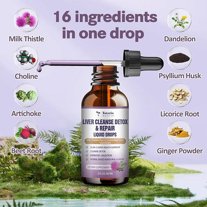 Liver Cleanse Detox & Repair Liquid,1100mg Milk Thistle Supplement Dandelion Root and 16+ Herbs for Liver Support Active Liver Health Formula No Sugar Vegan Non-GMO All-Natural 2 Fl Oz (Pack of 2