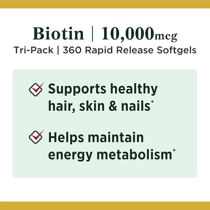 Nature's Bounty Biotin 10,000mcg, Supports Beautiful Hair, Glowing Skin and Healthy Nails, Rapid Release Softgels, 120 Count (Pack of 3)