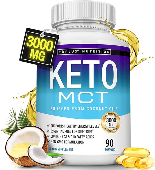 Toplux Keto MCT Oil Capsules - 3000mg Natural Pure Coconut Oil Extract Pills, Source of Energy, Easy to Digest for Men Women, 90 Softgels, Supplement