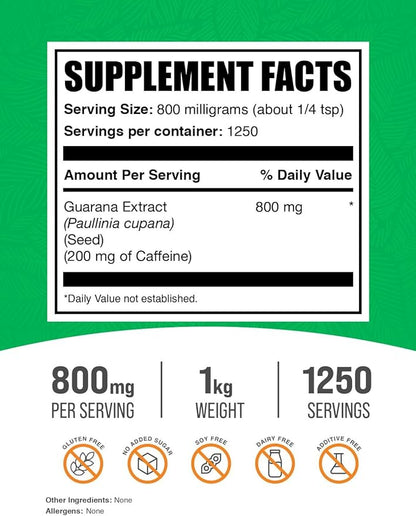 BulkSupplements.com Guarana Extract Powder - Natural Caffeine Supplement, from Guarana Seed, Guarana Powder - Gluten Free, 800mg per Serving, 1kg (2.2 lbs) (Pack of 1)