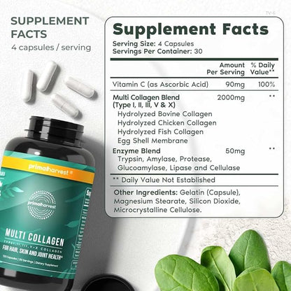 Primal Harvest Multi Collagen Pills for Women and Men (Type I, II, III, V, X) 120 Capsules w/Vitamin C for Hair, Skin, Nails
