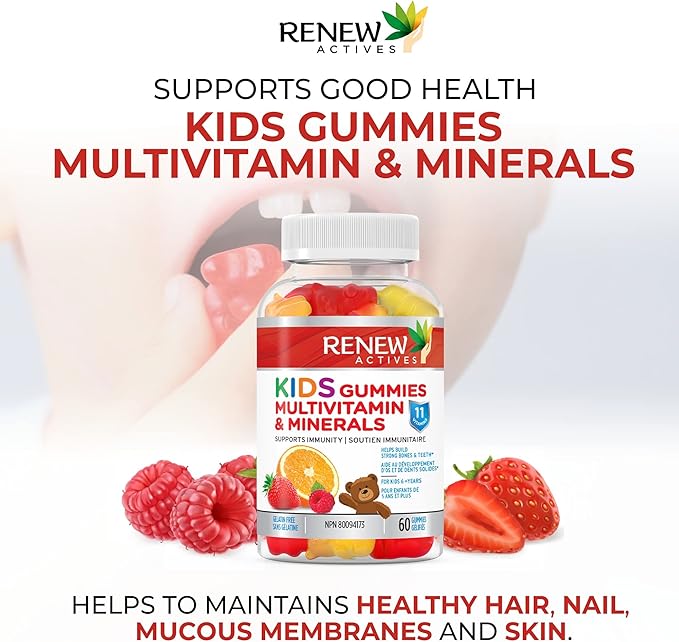Renew Actives Kids Multivitamin Gummies – Promotes Health & Wellness – Supports Healthy Hair, Skin, Nails, Eyesight, Strong Bones, Teeth & Gums – Tasty, Nutrient-Rich for Growing Kids – 60 Gummies