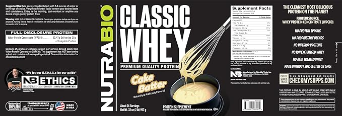 NutraBio Classic Whey Protein Powder- 25G Protein Per Scoop - Full-Spectrum Amino Acid Profile - No Fillers, Artificial Colors, Preservatives - Low Glycemic Index - (Cake Batter, 2 Pounds)