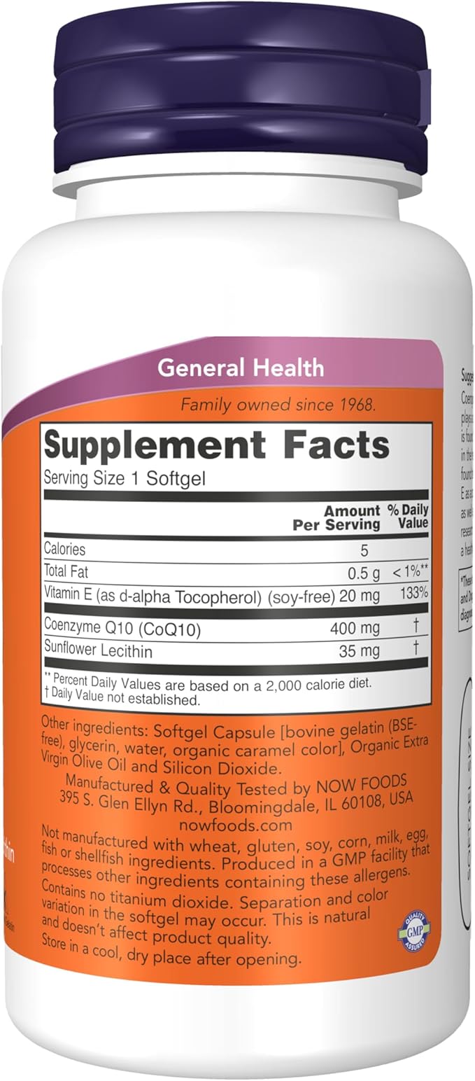 NOW Foods Supplements, CoQ10 400 mg, Pharmaceutical Grade, All-Trans Form produced by Fermentation, 30 Softgels