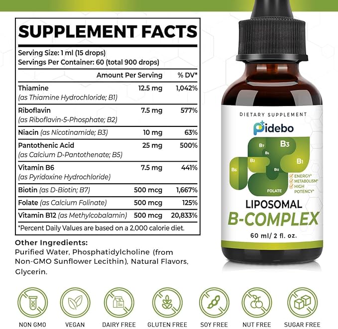 Liposomal B Complex with Active Forms of B Vitamins- High Potency Vitamin B Complex Liquid Vitamins for Energy and Metabolism Support-B1, B2, B3, b5, B6, Biotin, Folate, Methylated B12-4.0 oz