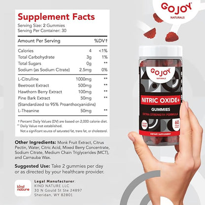 Vegan Sugar Free Nitric Oxide Gummies with Beet Root, L-Citrulline, Hawthorn Berry, Pine Bark - Nitric Oxide Supplements for Men & Women (60 Count)