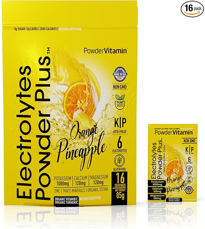 Electrolytes Powder Plus, Keto, Orange Pineapple, Sugar Free, Pink Himalayan Salt, 1000mg Potassium, 120mg Calcium, 120mg Magnesium, Non-GMO, Zero Calories, (16 Hydration Packets)