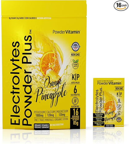 Electrolytes Powder Plus, Keto, Orange Pineapple, Sugar Free, Pink Himalayan Salt, 1000mg Potassium, 120mg Calcium, 120mg Magnesium, Non-GMO, Zero Calories, (16 Hydration Packets)