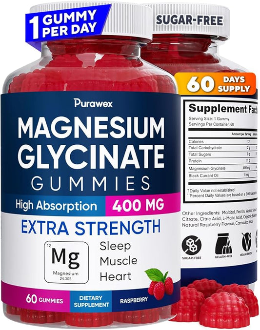 Magnesium Glycinate Gummies 400mg, High Absorption Magnesium Supplement for Adults and Kids, Sugar Free, Gelatin Free, Vegan Friendly, 60 Day Supply