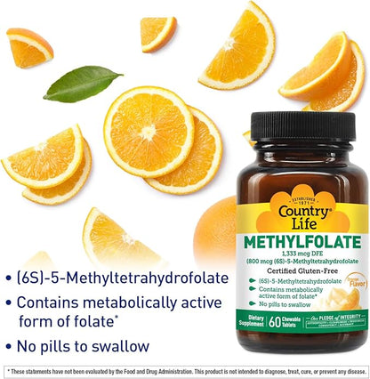 Country Life Methylfolate Chewable Tablets - Metabolically Active Folate - Great Tasting Orange Flavor - Gluten-Free - Smooth Melts - Vegan B12 - Women's Vitamins - Daily Supplement - 60 Tablets