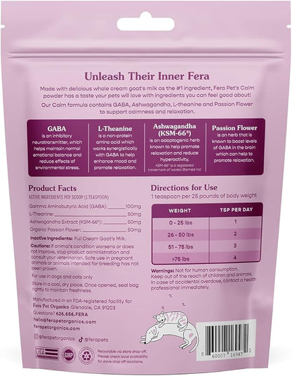 Fera Pet Organics Calming Goat Milk Cat & Dog – Vet Created - Pet Anxiety, Stress & Hyperactivity - Ashwagandha Supplement with GABA-60 Servings
