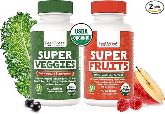 Feel Great USDA Organic Fruit and Vegetable Supplements | 20+ Super Reds & Greens for Natural Energy Support | Vegan Fruit and Veggie Vitamins | 2 Pack of 90 Count