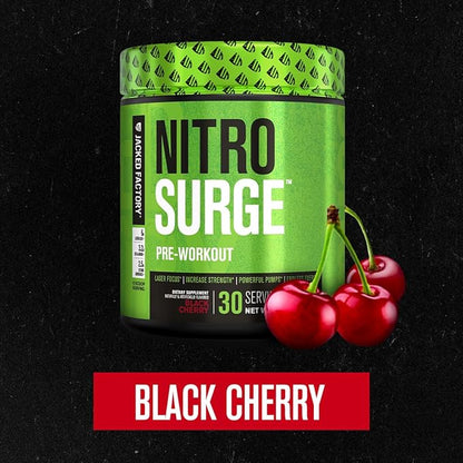Jacked Factory NITROSURGE Pre Workout Supplement - Endless Energy, Instant Strength Gains, Clear Focus and Intense Pumps - NO Booster & Powerful Preworkout Energy Powder - 30 Servings, Black Cherry