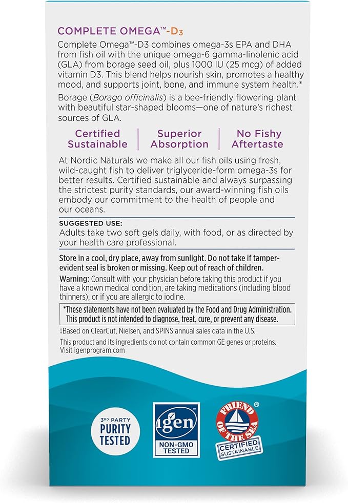 Nordic Naturals Complete Omega-D3, Lemon Flavor - 565 mg Omega-3 + 70 mg GLA + 1000 IU Vitamin D3-60 Soft Gels - EPA & DHA - Healthy Skin & Joints, Cognition, Positive Mood - Non-GMO - 30 Servings