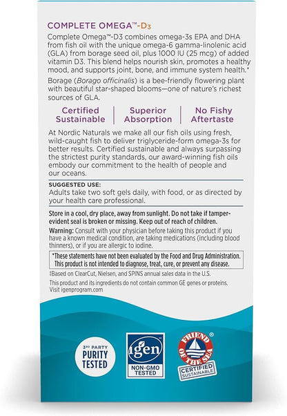 Nordic Naturals Complete Omega-D3, Lemon Flavor - 565 mg Omega-3 + 70 mg GLA + 1000 IU Vitamin D3-60 Soft Gels - EPA & DHA - Healthy Skin & Joints, Cognition, Positive Mood - Non-GMO - 30 Servings
