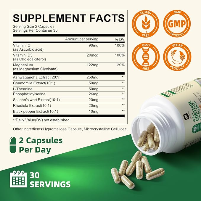 Cortisol Supplement, 10-in-1 Cortisol Reducer Manager Supplements for Women with Ashwagandha, Magnesium Glycinate, L-Theanine, Rhodiola, Calm Zzz & Mood Support, Non-GMO, 60 Vegan Capsules